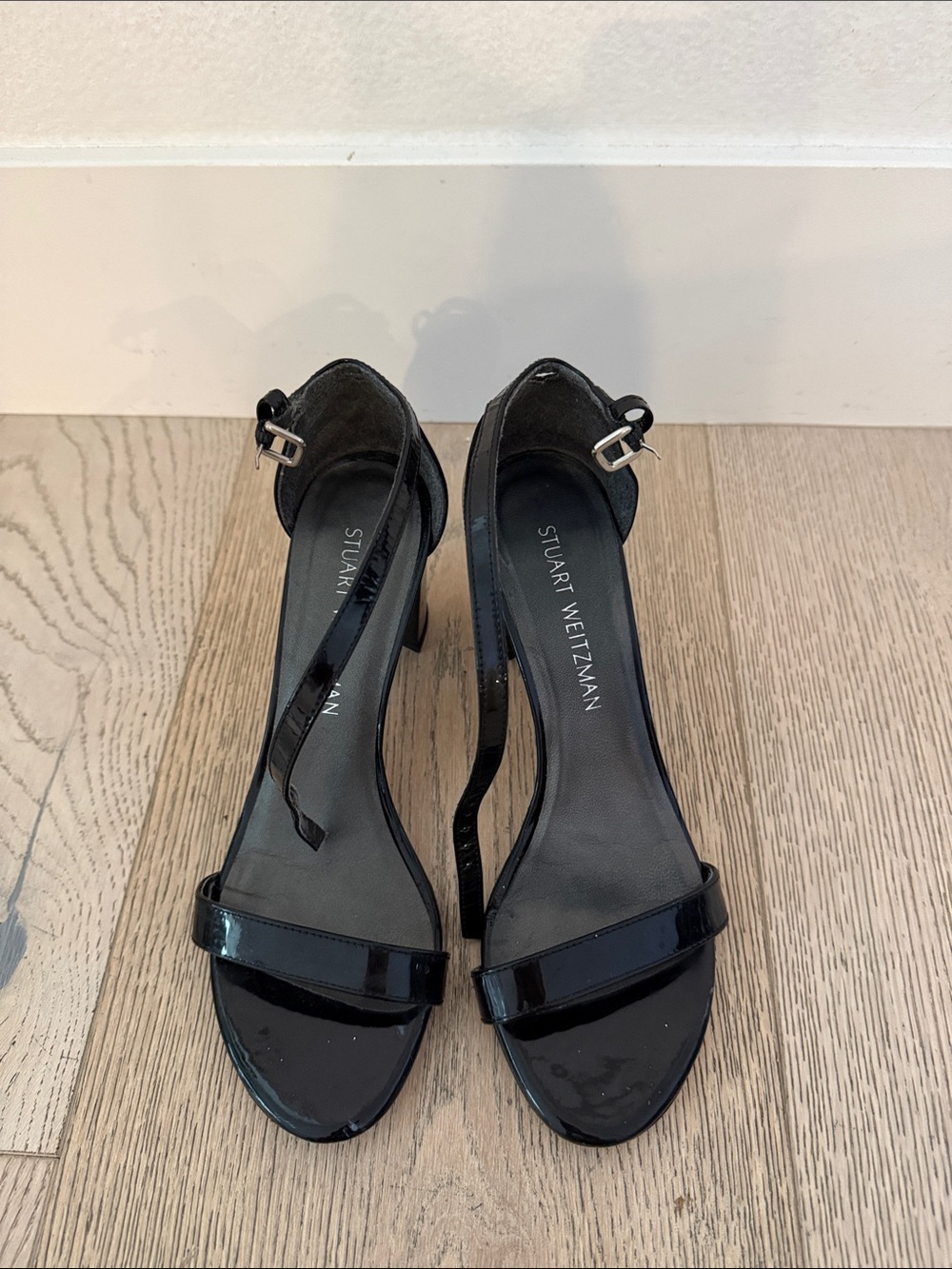 Stuart Weitzman Black Patent Leather Open-Toe Ankle-Strap Heels